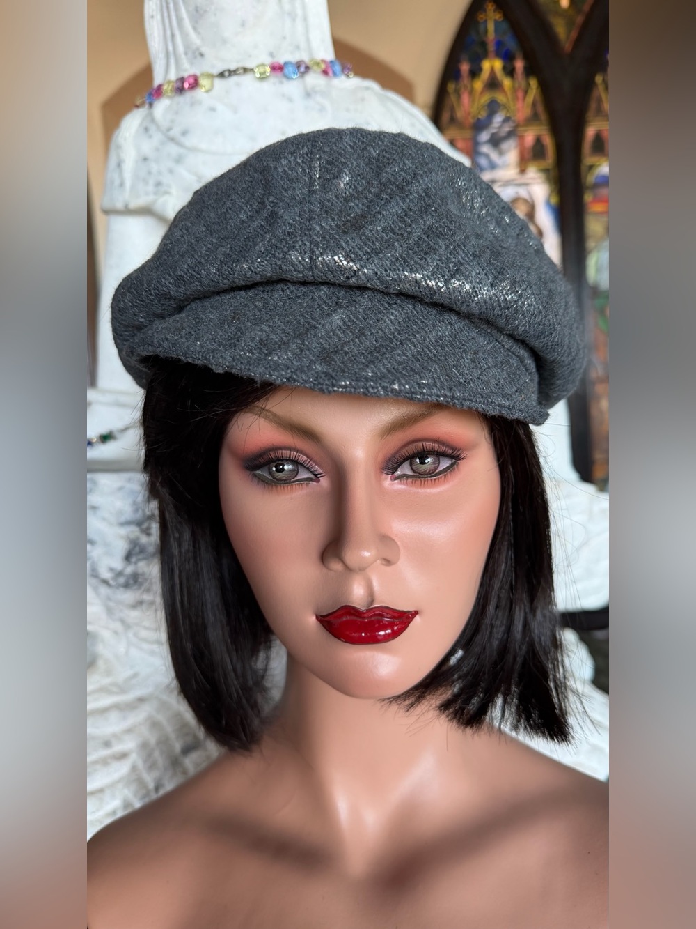 Women's metallic Gray Knit Newsboy Cap